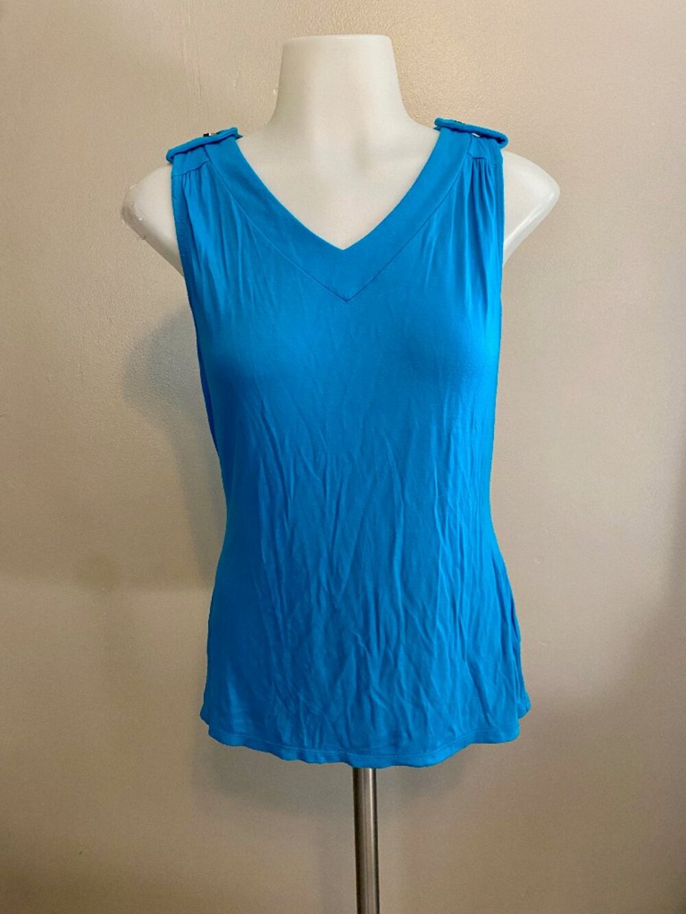 Worthington Petite Bright Blue V-Neck Button Shoulder Sleeveless Top